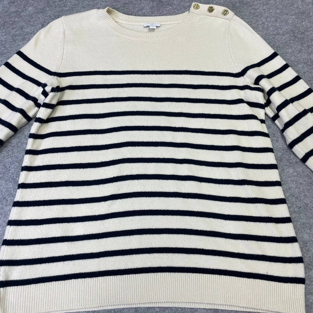 J. Jill Womens Small Tall Striped Button Shoulder Crewneck Sweater Cream Navy - Picture 5 of 15